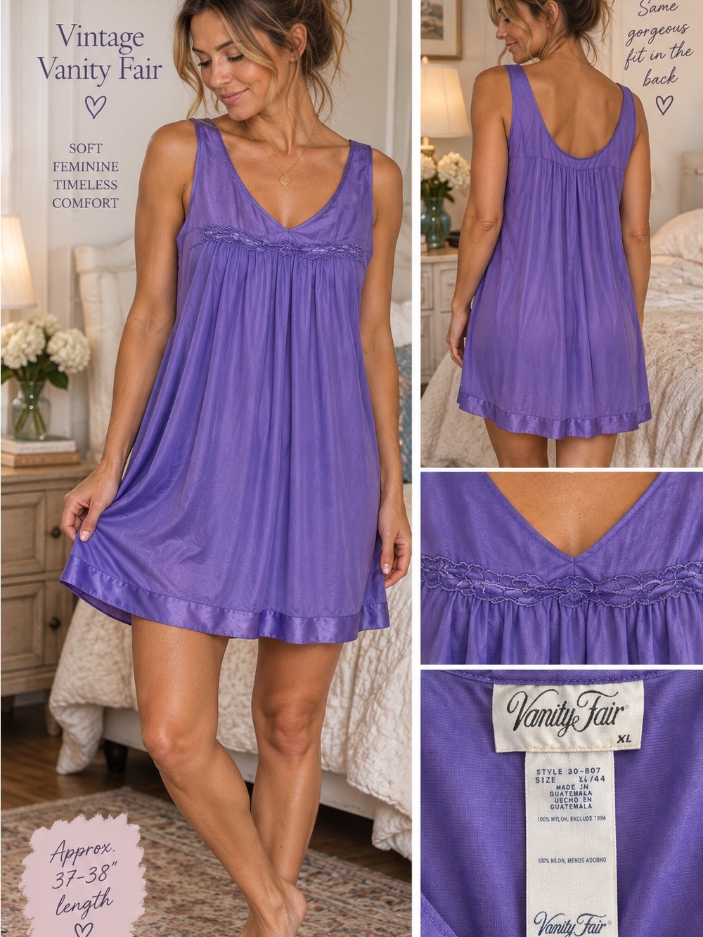 Vintage Vanity Fair Lavender Purple Satin-Trim Sleep Chemise 1159CL